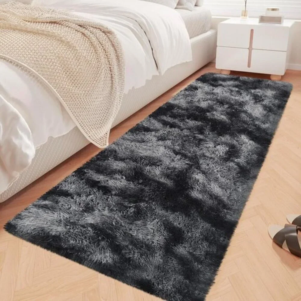 New 2x6 Black Grey Tie-Dye Runner Rug, Fluffy Carpet for Bedroom & Kids’ Room